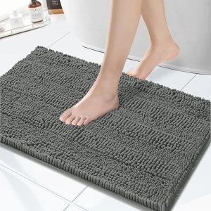 Granbest Non Slip Bath Math Super Water Absorbent Chenille Floor Mat Machine Washable Soft Bath Rugs for Kitchen, Shower, Bathtub, Bathroom (43 * 61cm, Grey)