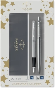 Parker Jotter Duo Gift Set with Ballpoint Pen & Fountain Pen | Stainless Steel with Chrome Trim | Blue Ink Refill & Cartridges | Gift Box