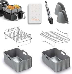 Air Fryer Accessories, 8pcs for Ninja Dual AF400UK & Tower T17088 & AF300UK, Dual Silicone Air Fryer Liners & Gloves, Air Fryer Rack & Food Tong & Paper Lining Compatible with Oven, Microwave