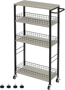 YBING Slim Storage Cart 4 Tier Slim Rolling Cart on Wheels Mobile Narrow Kitchen Cart with Wooden Tabletop Grey Slide Out Slim Utility Cart with Handle for Living Room Laundry Pantry Gap 7.3''Wide