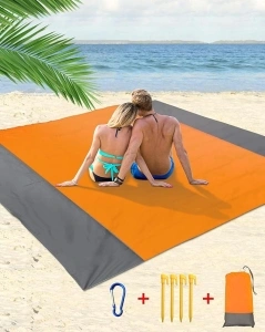 Beach Mat Picnic Blanket Waterproof – 2023 Upgraded Extra Large Beach Blanket 210 x 200cm Picnic Blanket Beach Mat with 4 Fixed Nails for Beach Camping Hiking Compact Lightweight 83 X 79in Orange