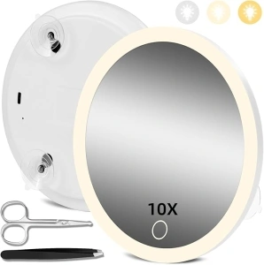 Magnifying Mirror with Lights 10X, Makeup Magnifying Mirror with Suction Cups, 6'' Magnifying Mirror with 3 Color Dimmable Makeup 10X Magnification Mirror with Light, Large 10X Travel Magnified Mirror