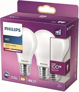 Philips LED Classic A60 Frosted Light Bulb 2 Pack [E27 Edison Screw] 10.5W - 100W Equivalent , Warm White 2700K, Non Dimmable