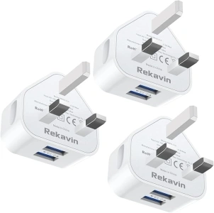 3 Pack USB Plug UK Mains Charger,Rekavin Dual USB Plug Adaptor UK 5V/2.1A Triple Double Port USB Adapter Wall Charge Head with Smart IC Fast Charging for iPhone 13/12/11/XS Max/XR/X/8/7/6Plus,iPad