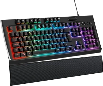 OMOTON Gaming Keyboard with Wrist Rest, RGB Backlit Ergonomic Gaming Keyboard, 115 keys Full Size USB Wired Silent Membrane Keyboard for PC/Computer/Laptop, QWERTY UK Layout, Black