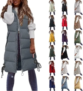 Women's Long Hooded Gilets Sleeveless Zipper Padded Quilted Jacket Winter Warm Solid Color Vest Coats Outdoor Windproof Parka Outwear Plus Size Waistcoats Jackets Coat