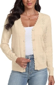 PCEAIIH Women's V Neck Hollowed-Out Cardigans Long Sleeve Buttons Sweaters Lightweight Knitwear