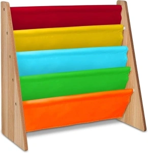 LIVIVO Children's Colourful Sling Storage Bookshelf – Easy Access Wooden Book Storage Rack with Soft Nylon Fabric Shelves Shelf to Protect your Kids Books (Multi-Colour)