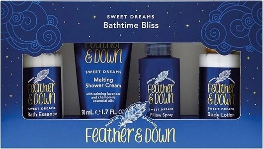 Feather & Down Bathtime Bliss Gift Set (Shower Cream, Pillow Spray, Bath Essence & Body Lotion) - With calming lavender & chamomile essential oils. Vegan Friendly & Cruelty Free.