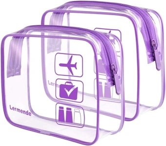 2pcs/Pack Lermende Clear Toiletry Bag TSA Approved Travel Carry On Airport Airline Compliant Bag Quart Sized 3-1-1 Kit Luggage Pouch (Purple)