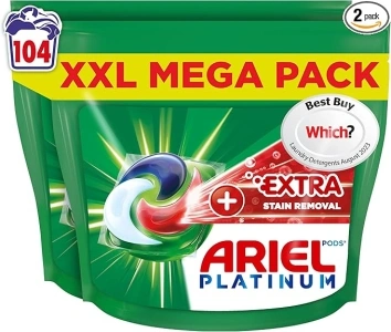 Ariel Platinum PODS®, Washing Liquid Laundry Detergent Capsules 104 Washes, +Extra Stain Removal, Even Remove 7-Day Dried-In Stains