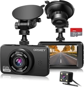 ORSKEY Dash Cam for Cars Front and Rear and SD Card Included 1080P Full HD In Car Camera Dual Lens Dashcam for Cars 170 Wide Angle Sony Sensor with Loop Recording and G-sensor