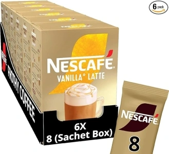 NESCAFÉ Vanilla Latte Instant Coffee 8 x 18.5g Sachets, 100% Responsibly Sourced Coffee (Pack of 6)