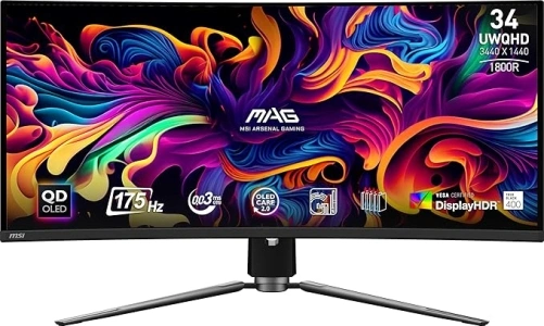 MSI MAG 341CQP QD-OLED 34 Inch UWQHD Curved Gaming Monitor - 1800R, 3440 x 1440 Quantum Dot OLED Panel, 175Hz / 0.03ms, 99% DCI-P3, ΔE≤2, DisplayHDR True Black 400, KVM - DP 1.4a, HDMI 2.1, USB Type-C