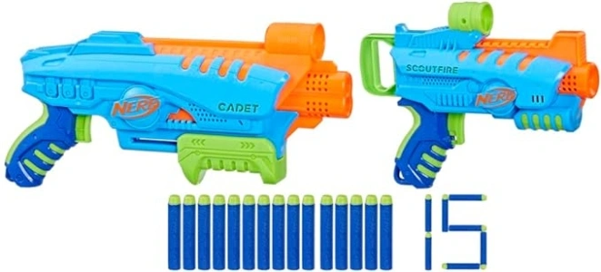 Nerf Elite Jr Ultimate Starter Set, 2 Easy Play Toy Foam Blasters, 15 Nerf Elite Darts, 2 Targets, Kids Outdoor Games