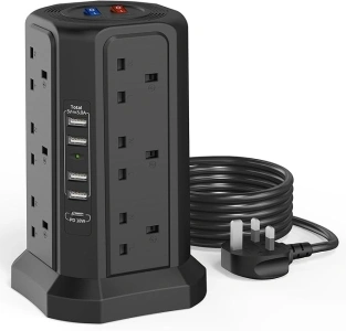 Tower Extension Lead with USB Slots 1.8M and 18W USB C Fast Charger, (13A 3250W) 5 USB Ports and 12 Way Extension Tower, Surge Protection Extension Lead with Switch, Extension Cable for Home, Office