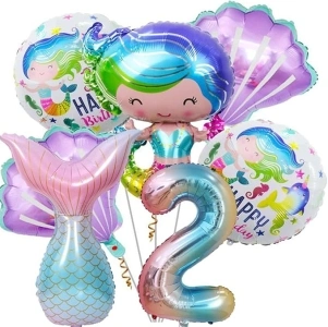 Mermaid Birthday Party Decoration,2nd Birthday Girl Decoration,Included Mermaid Tail,Seashell, Large Number Balloons, Cute Colorful Foil Helium Balloons Birthday Decorations for Girls(2nd)