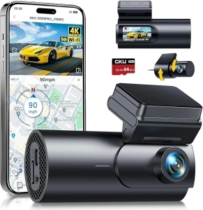 GKU 4K Dash Cam Front and Rear, 5G WiFi & GPS, Dual Car Camera for Cars, 1.5” IPS Mini Dashcam with 64GB SD Card, 24H Parking Mode, Night Vision, WDR, 170° Wide Angle, G-Sensor, App Control, Max 256GB