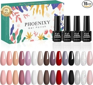 phoenixy Gel Nail Polish Set, 15 Colour U V Gel Nail Polish Nail Varnish Set Gel Polish Starter Beginner Nail Kit Gift Set