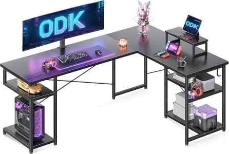 ODK Corner Desk with Storage, L Shaped Desk with Hook, Computer Gaming Desk with Monitor Stand, Black 148×120 cm