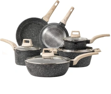 CAROTE Nonstick Pots and Pans Set, Granite Kitchen Cookware Sets, Non Stick Natural Stone Cooking Set with Frying Pans,Suitable for All Stoves Include Induction (10pcs Classic Granite Set)