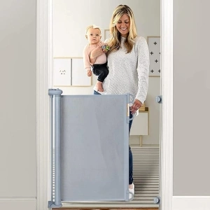 Momcozy Retractable Stair Gate for Baby, Extends up to 140cm Wide, 83cm Tall, Extra Wide Baby Safety Gate, One Handed Silent Operation Baby Gate for Stairways/Hallways/Indoor/Outdoor, Grey