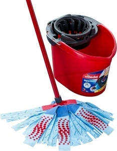 Vileda SuperMocio 3 Action Mop and Bucket Set, Mop for Cleaning Floors, Set of 1x Mop and 1 x Bucket, Red/Grey/Blue, 6 x 15 x 117 cm