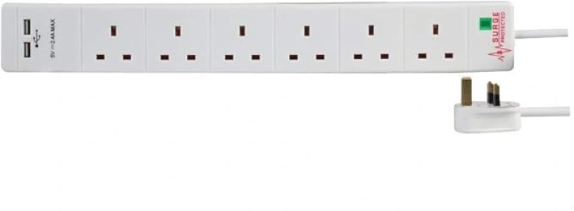 Pro Elec PEL00112 6 Way 2 USB Surge Protected Extension Lead, 1 m, White