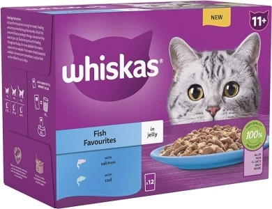 Whiskas 11+ Fish Selection in Jelly 48x85g Pouches, Senior Cat Food, Pack of 4 (12x85g)