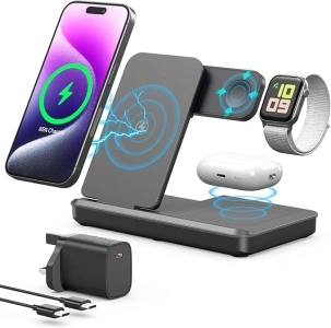 Foldable Wireless Charger,3 in 1 Wireless Charging Station for Apple Devices,15W Fast Wireless Charging Stand for iPhone 16/15/14/13/12/11,Phone and Watch Charger Stand for Apple Watch,for Airpods