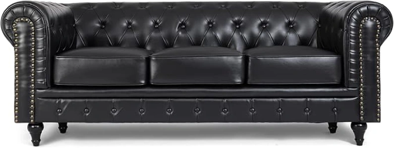 Bravich Leather Chesterfield Sofa- Black. 3 Seater Settee, Faux Bonded Leather Vintage Couch. Living Room Furniture, Easy Clean. 3 Seater- 209cm x 90cm x 78cm