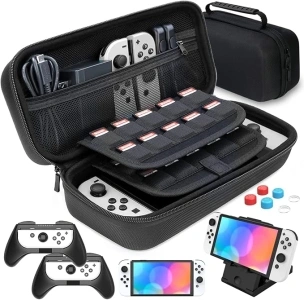 HEYSTOP Switch Case/Switch OLED Case Accessories Compatible with Nintendo Switch & OLED Model, Carry Case with Joy-Con Grip/PlayStand/Thumb Grips Caps for Nintendo Switch & OLED Model, Black