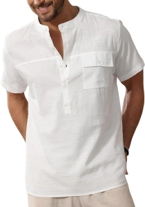 Men’s Linen Shirts Summer Cotton T-Shirt Button Up Henley Shirts Casual Beach Short Sleeve Tops