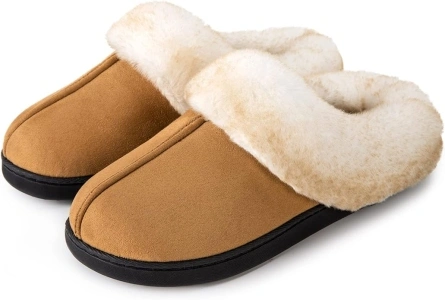 VeraCosy Women's Classic Suede Memory Foam Slippers Anti-Skid Scuff with Warm Faux Fur Collar