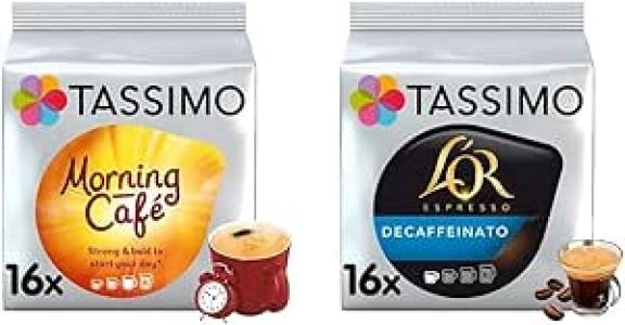 Tassimo Morning Café Coffee Pods x16 (Pack of 5, Total 80 Drinks) & L'OR Espresso Decaffeinato Coffee Pods x16 (Pack of 5, Total 80 Drinks)