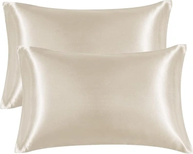 EHEYCIGA Satin Pillow Cases 2 Pack Beige, Silky Pillowcases for hair and skin with Envelope Closure, Standard Size, 50x75 cm