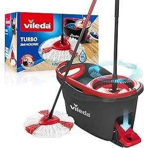 Vileda Turbo Microfibre Mop and Bucket Set, Spin Mop for Cleaning Floors, Set of 1x Mop and 1x Bucket,Grey/Red,48.5 x 27.5 x 28 cm