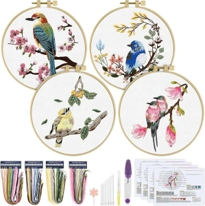 Embroidery Kit for Beginners,ERKOON 4 Sets Bird Flower Cross Stitch Kits for Adults Embellishment Starter Kits with Patterns and Instructions,Stitchery Clothes,Bamboo Hoops, Threads and Needles(White)