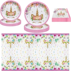 Cosiesnest Unicorn Paper Tableware Set, Sturdy Dinner Plates, Dessert Plates, Napkins, Tablecover, Serves 10, Kids Birthday Party Decorations