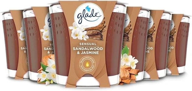 Glade Jar Candle, Scented Candle Infused with Essential Oils, Up to 42 Hour Burn Time, Sandalwood & Jasmine, Pack of 6 (6 x 129g)