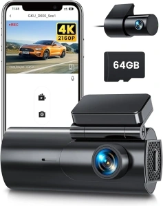 GKU 4K Dash Cam Front and Rear WiFi Dashcam with 64GB SD Card, Dual Car Camera Dash Cam with Parking Monitor, Night Vision, WDR, 170° Wide Angle, G-Sensor, Loop Recording, APP Control, Max 256GB -D600