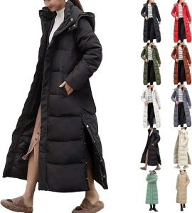 Long Winter Coats for Women UK 2024 Plus Size Knee Length Puffer Jackets Solid Color Down Coats Windproof Trench Hooded Oversized Zip Up Overcoats Side Split Warm Cotton Coats