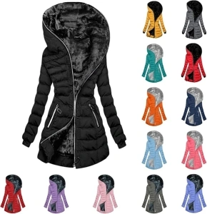 Womens Coats Fleece Lined Hooded Jacket Warm Sherpa Lined Parkas Jackets Quilted Ladies Parka Coat Mid Length Zipper Outwear Tops Plain Outdoor Cotton Thick Warm Padded Winter Down Jackets