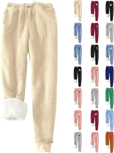 Women's Winter Warm Cotton Sherpa Fleece Sweatpants Pants Jogging Sports Thickened with Pockets Fashionable Solid Color Pant