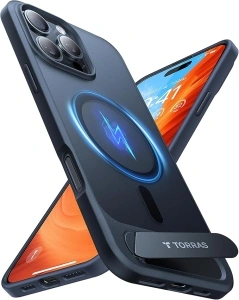 TORRAS for iPhone 16 Pro Max Case [Durable Titanium Stand] [20W Wireless Charging] [TOP 19N Magnetic] [12FT Drop Protection] for iPhone 16 Pro Max Cover - Midnight Black