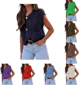 Women's Crochet Chunky Knit Top for Womens Sleeveless Cardigan for Womenbuttoned V-Neck Crop Top Fashion Cardigan Sweater Vest with Pockets Button-Down Sweater