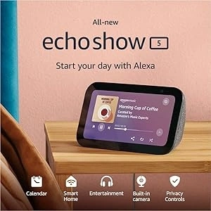 Certified Refurbished Echo Show 5 (3rd Gen, 2023 release) | Smart display and alarm clock with clearer sound | Charcoal