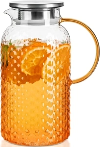 PARACITY Water Jug Squama Designed 64 oz, High Borosilicate Glass Jug, Iced Tea Jug with Lid and Spout, Large Bore Design for Easy Cleaning, for Cold/Hot Drinks, Iced Tea, Juice, Milk