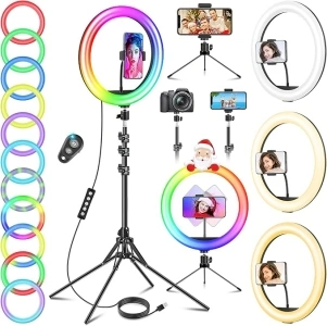 12'' Ring Light with Tripod Stand & Phone Holder Tall 177cm, GerTong LED Professional Selfie Circle Ringlight with Remote for Makeup YouTube, Floor/Desk USB Halo Lamp with 40 RGB Modes 13 Brightness