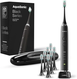 Aquasonic Black Series Ultra Whitening Toothbrush ADA Accepted Electric Toothbrush - 8 Brush Heads & Travel Case - Wireless Charging - 4 Modes w Smart Timer - Sonic Electric